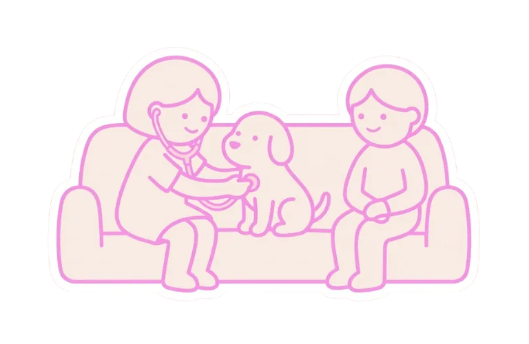 Veterinaria Dogma atendiendo a un perro en el sofá de casa junto a su tutor